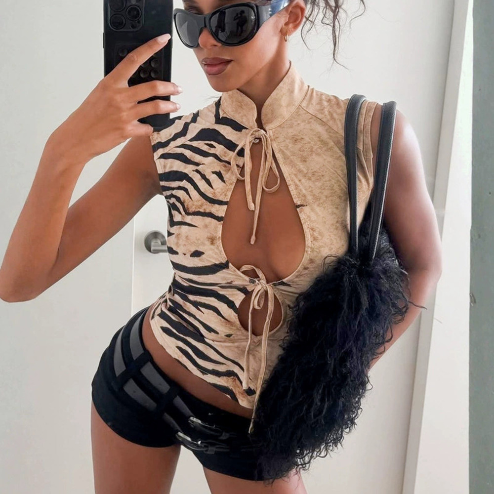 Zara Spring Summer Printed Cutout Tie Back Cropped Fitted Tank Top
